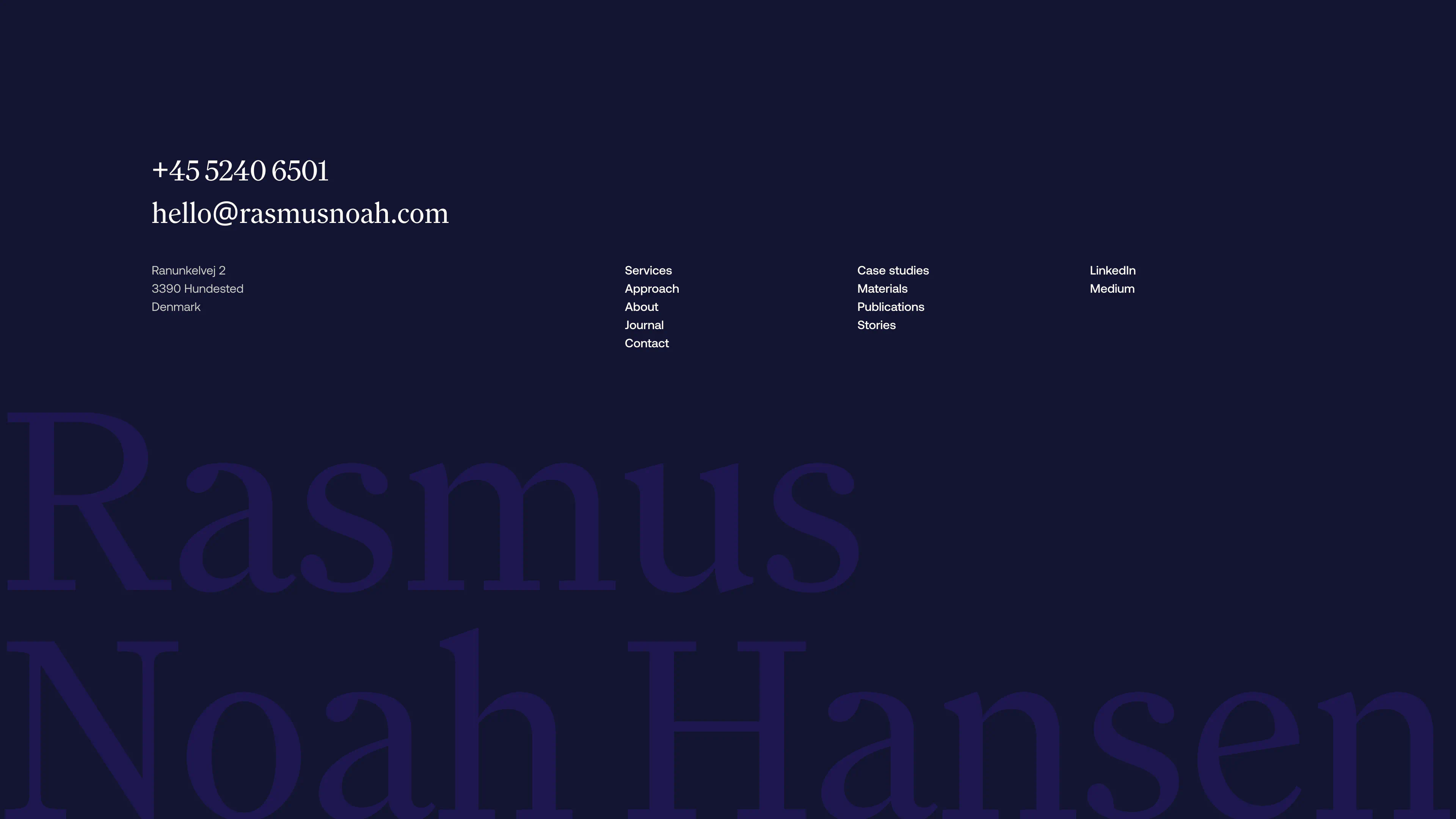 Website footer design for Rasmus Noah Hansen, featuring contact details, navigation links, and an extensive background treatment of his name.