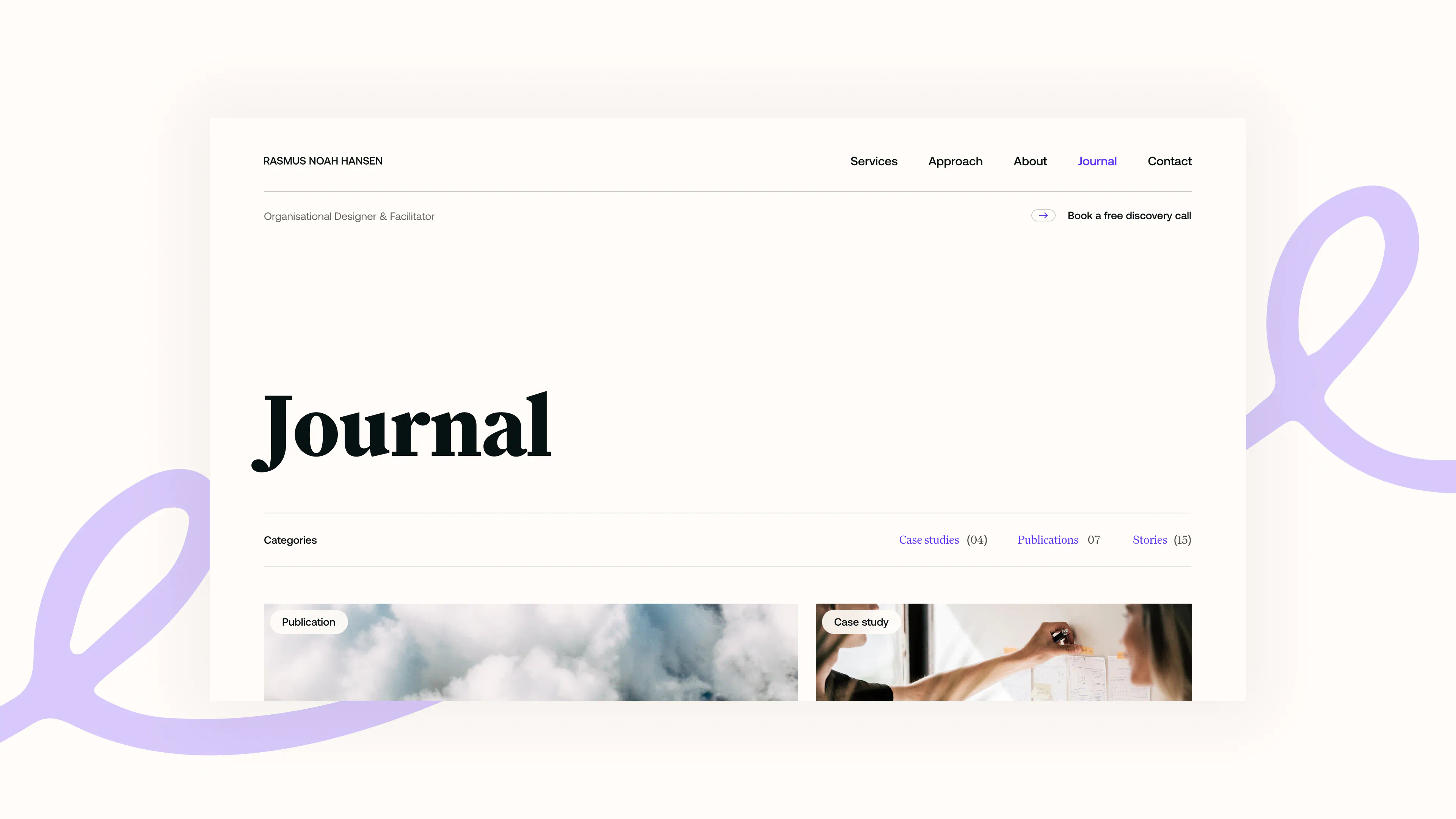 Journal page design for Rasmus Noah Hansen’s website, with article categories including case studies, publications, and stories.