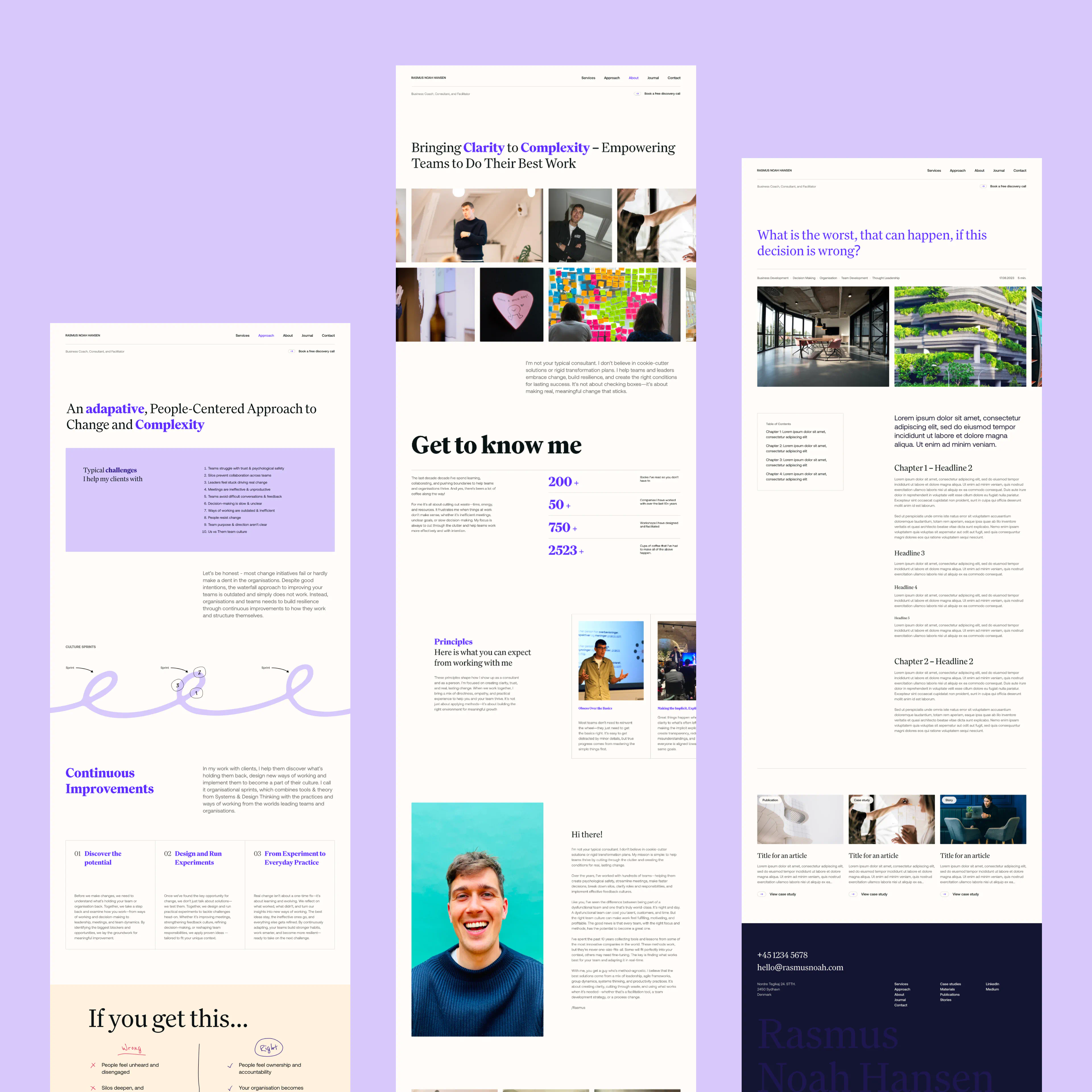 Full-page layouts showcasing Rasmus Noah Hansen’s website design system, including statistics, illustrations, and a people-centred approach to organisational change.