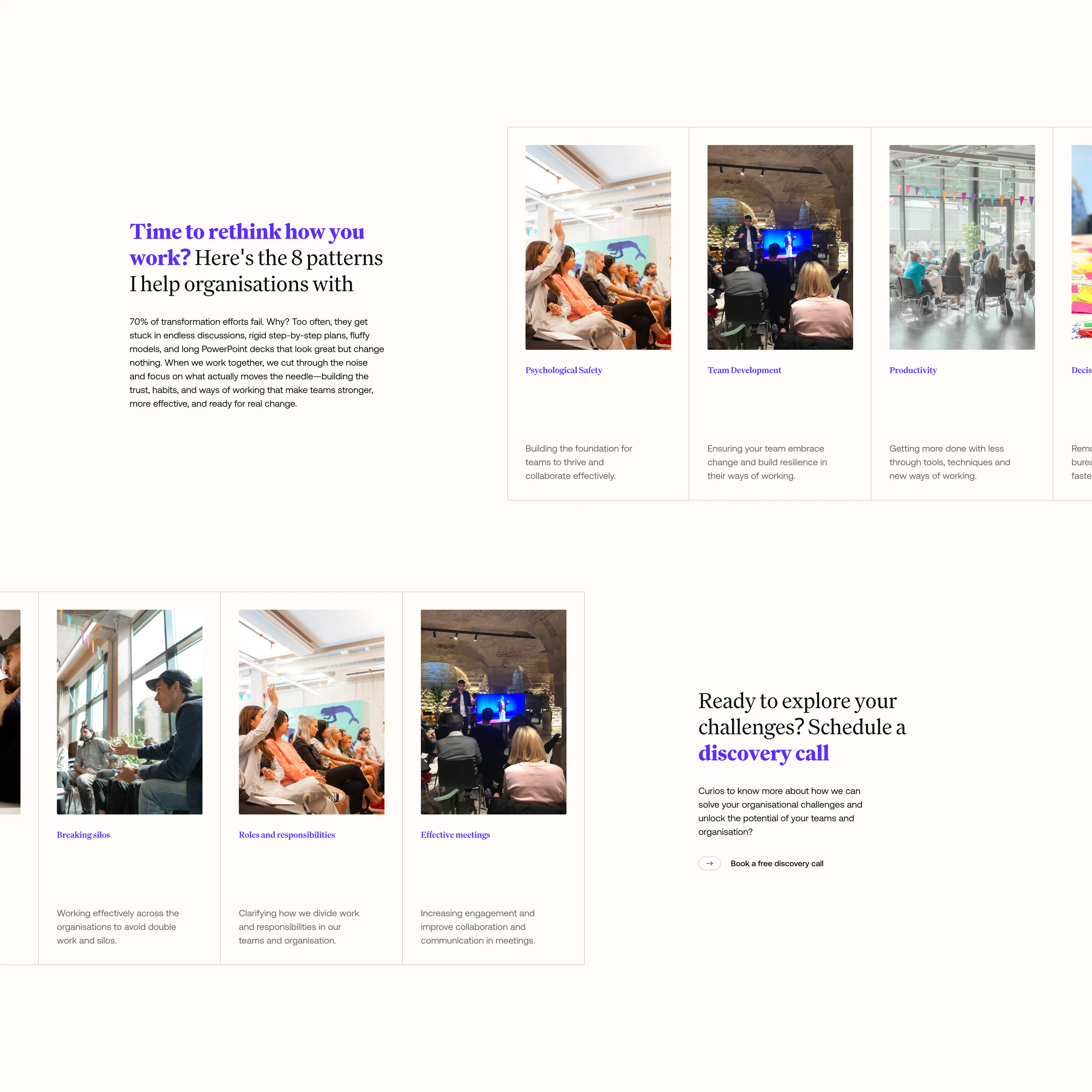 Horizontal scrolling section of Rasmus Noah Hansen’s website, presenting the eight organisational patterns he helps with, such as psychological safety, team development, productivity, and effective meetings.