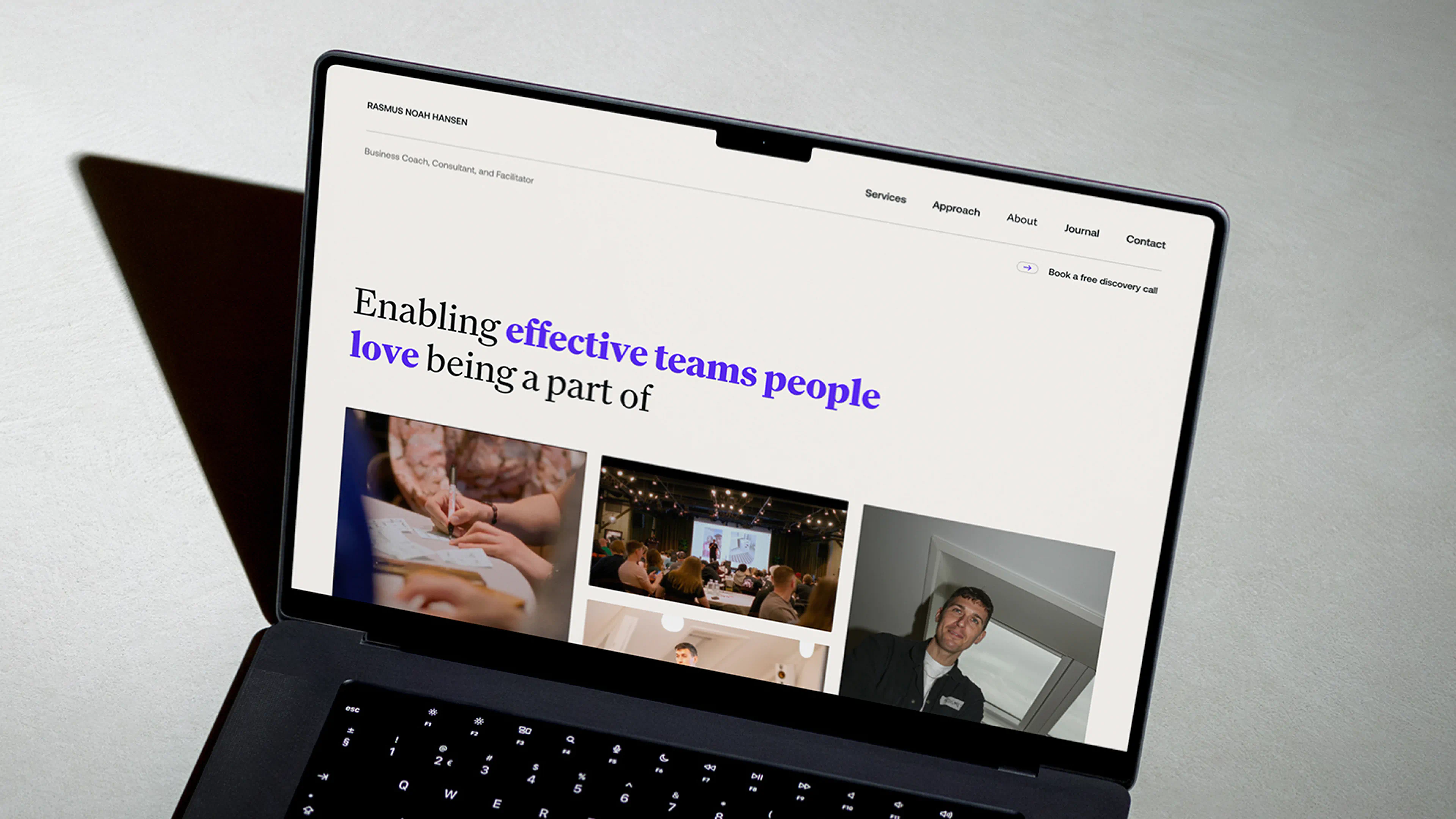 Thumbnail for the Rasmus Noah Hansen case study, featuring a modern website design with bold typography and a personal brand identity centred on fostering an effective team culture.