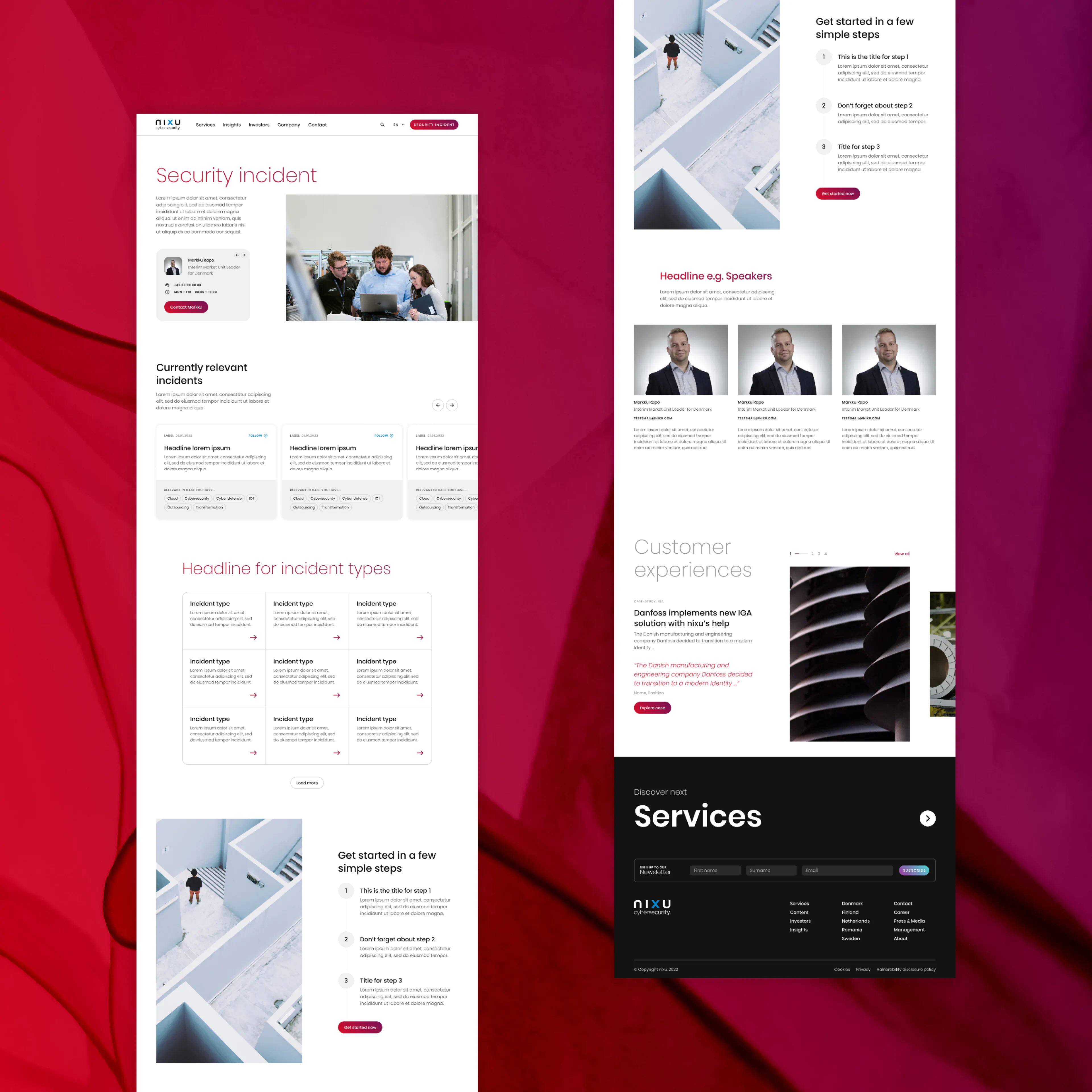 High-fidelity UI design for Nixu security incident page with red gradient theme, interactive carousel and wireframe showcasing alert components.