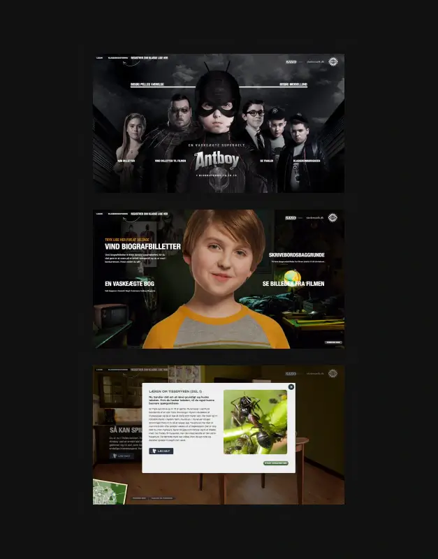 Antboy campaign website layouts featuring cinematic character visuals, interactive film content, and playful educational elements, presenting an engaging digital experience for a family entertainment release.