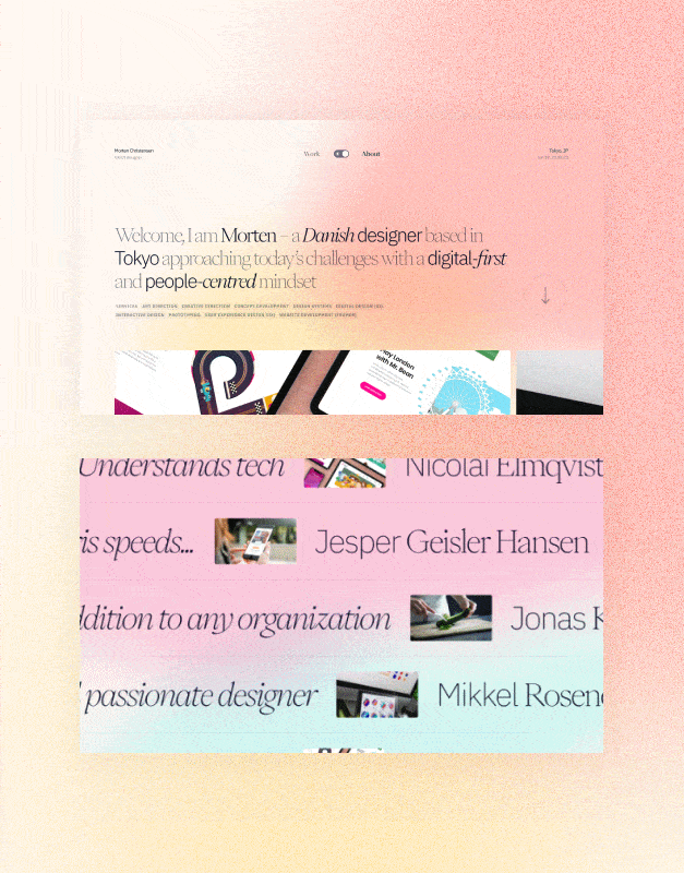 The Never Ending Portfolio Journey by Morten Stig Christensen, showing a soft editorial portfolio concept with layered typography, project previews, and a personal digital identity rooted in design craftsmanship.