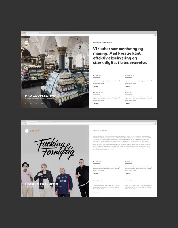 Republica website layouts featuring editorial homepage compositions, bold imagery, and content-led sections, showcasing a sharp digital identity with strong visual storytelling.