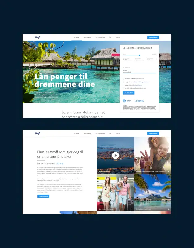 Pengi website layouts featuring loan comparison, travel-led campaign imagery, and conversion-focused content blocks, presenting a clear digital service for consumer finance and lending.
