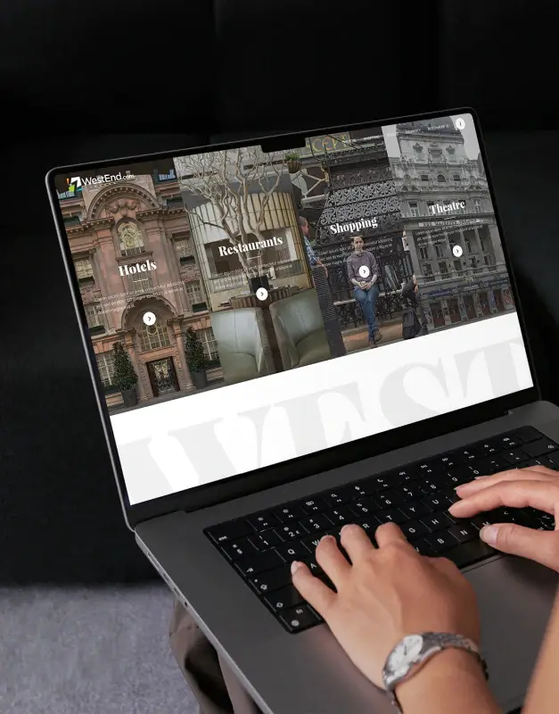 Westend London website displayed on a laptop, showcasing a destination-led digital experience with category-based navigation, immersive imagery, and a polished hospitality-focused interface.