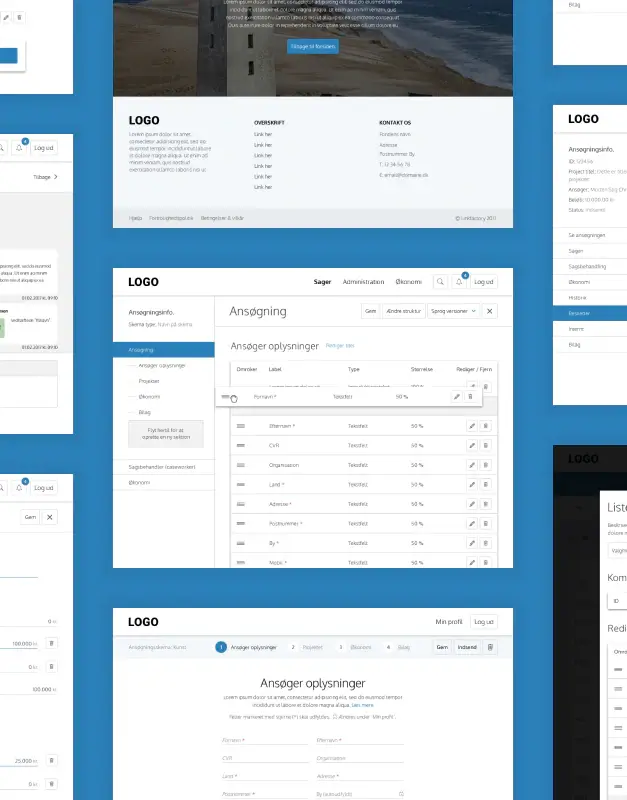 Fonda platform interfaces showing application forms, case administration, and structured workflow screens, highlighting a clean digital system for grant and funding management.