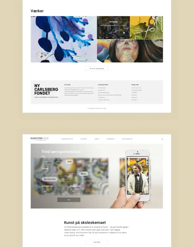 Kunstens Veje website layouts featuring artworks, educational filters, and mobile-led cultural discovery, presenting a calm digital experience for art learning and public engagement.