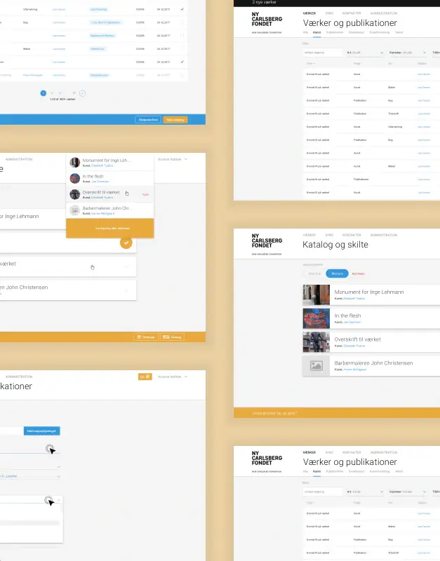 New Carlsberg Foundation artwork database interfaces showing publications, catalogue views, and archive management tools, presenting a structured digital system for cultural collections and administration.