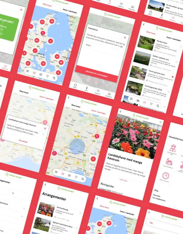 Haveselskabet mobile app interface collage showing maps, events, nearby gardens, and article views, highlighting a lively digital experience for garden discovery and community engagement.