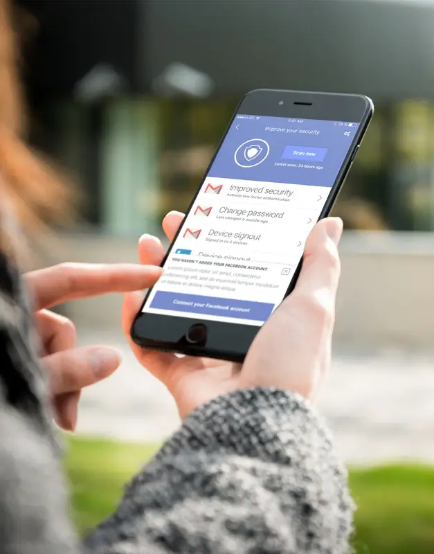 Indopendo mobile security interface shown in hand on a smartphone, showcasing account protection flows, security settings, and a clear app experience for personal digital safety.
