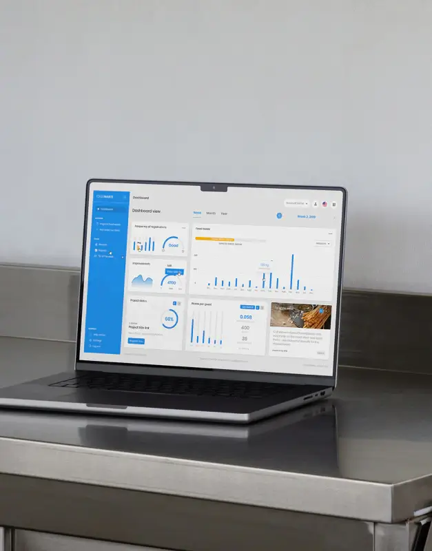 Foodwaste dashboard shown on a laptop, presenting data visualisation, reporting tools, and a structured digital interface for monitoring waste and operational performance.