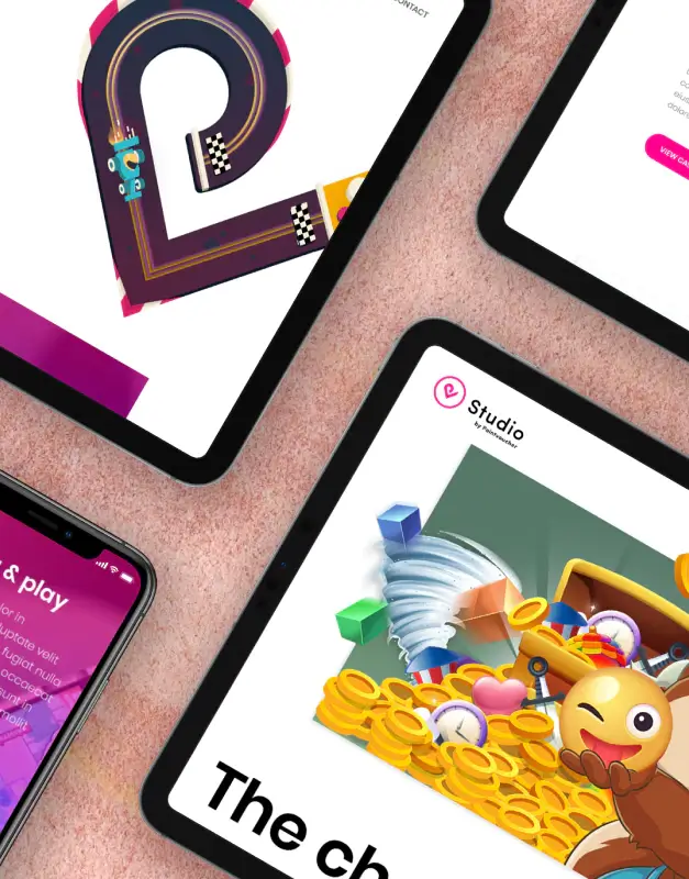 Pointvoucher Studio interfaces displayed across tablets and mobile devices, highlighting gamified visuals, 3D illustrations, and a bold digital design system for branded campaign experiences.