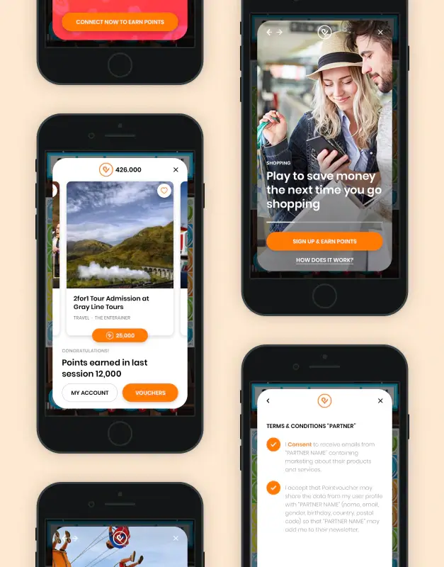 Pointvoucher mobile reward experience shown across smartphone screens, presenting voucher redemption, onboarding flows, and consent screens within a lively app interface designed for engagement and loyalty.