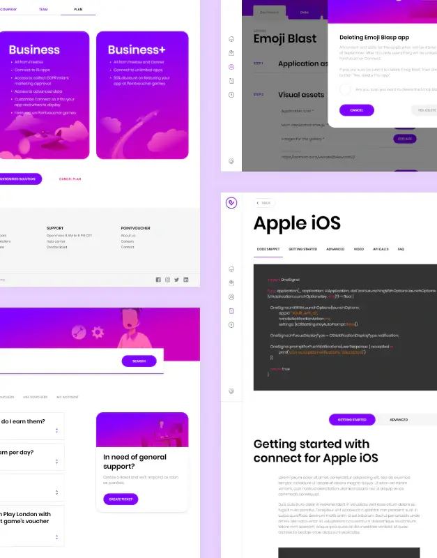 Pointvoucher Connect platform interfaces featuring pricing cards, support flows, app deletion settings, and Apple iOS SDK documentation, showcasing a scalable product ecosystem with polished UI design and developer-focused clarity.