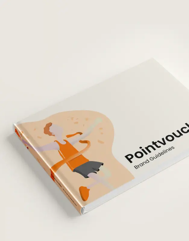 Pointvoucher brand guidelines book shown in print, highlighting a playful visual identity, illustrated branding elements, and a cohesive design system for digital and brand expression.