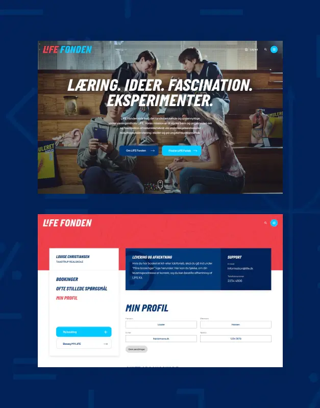 LIFE Fonden website and profile interface presented together, showcasing bold visual identity, educational platform design, and a cohesive digital ecosystem for learning and administration.