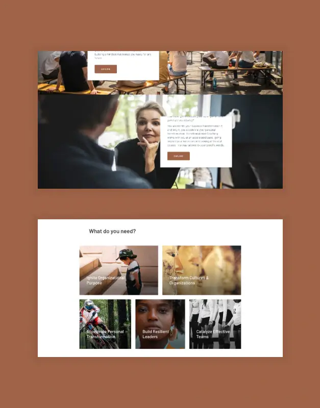 Breathing Business website layouts featuring editorial content blocks and service categories, presenting a warm digital identity with clear structure and people-focused storytelling.