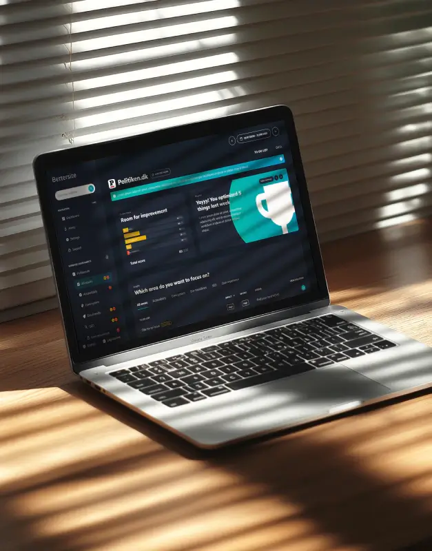 BetterSite dashboard displayed on a laptop in warm daylight, showcasing dark-mode UI design, data-led product thinking, and a refined digital platform experience.