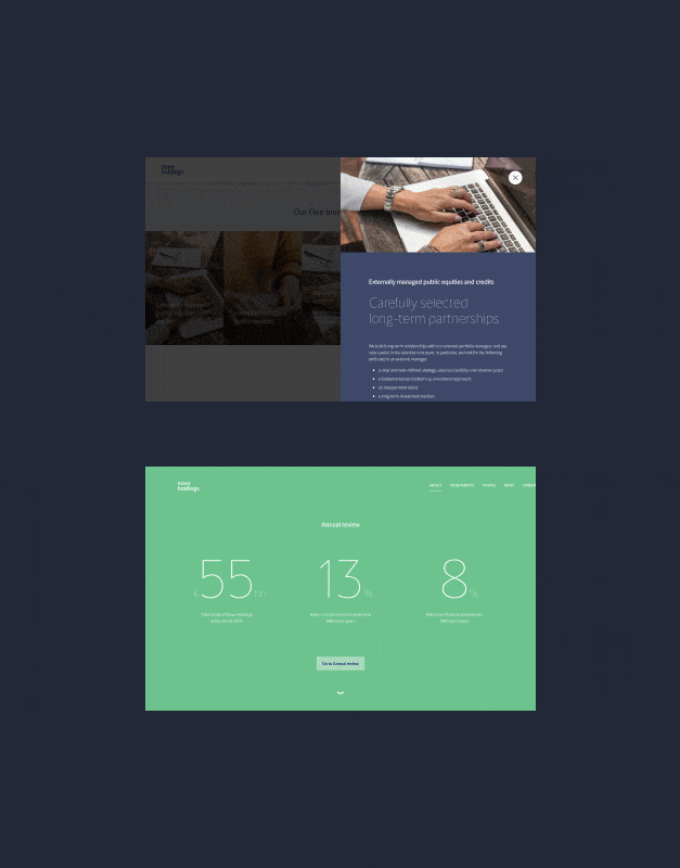 Novo Holdings website layouts featuring editorial content and annual review statistics, presenting a minimal digital identity with structured interface design and corporate clarity.