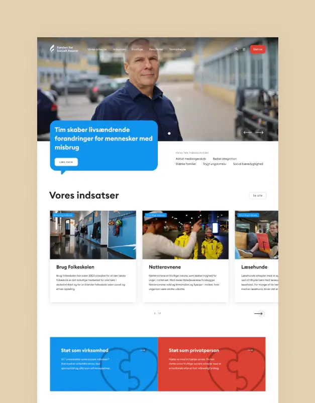 Fonden for Socialt Ansvar website homepage featuring a campaign-led hero, programme cards, and donation pathways, presenting an accessible and human-centred digital experience.