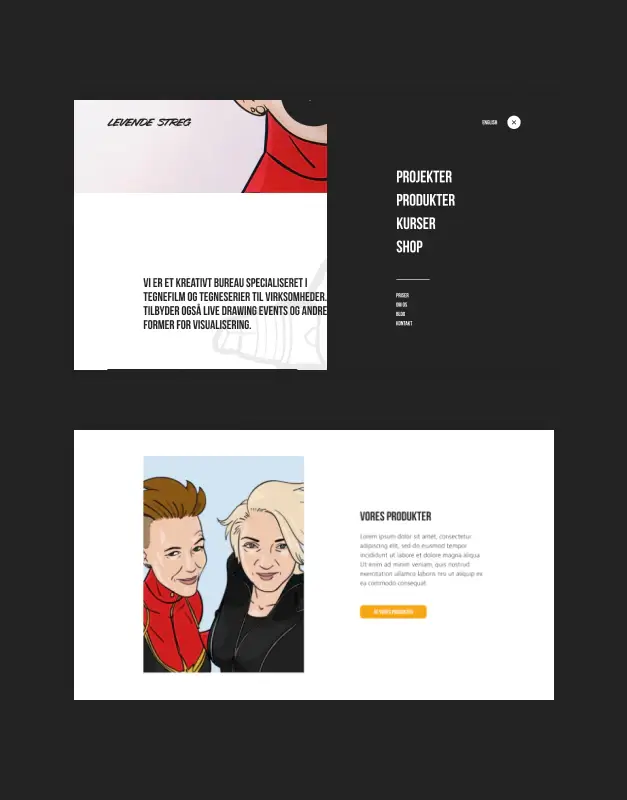 Levendestreg website layouts featuring illustrated content, bold typography, and a contrasting navigation system, highlighting a playful digital identity and character-led web design.
