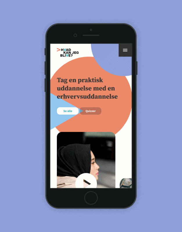 Hvad Kan Jeg Blive Til mobile experience displayed on a smartphone, showcasing a colourful educational interface with clear calls to action and an engaging youth-focused digital design.