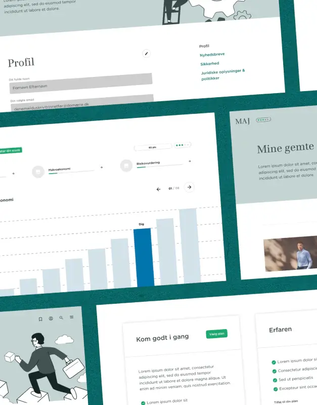 MAJ digital product interface collage featuring profile views, saved content, onboarding cards, and data visualisation, showcasing a refined UI system with editorial clarity and product design structure.