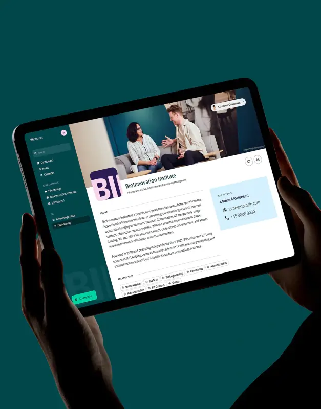 BioInnovation Institute community platform shown on a tablet, presenting a structured member profile, content overview, and a polished digital ecosystem for innovation and collaboration.