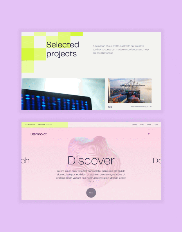 Baernholdt rebranding concepts showing selected projects and a soft, editorial website direction, presenting strategic digital identity work with a modern and expressive visual language.