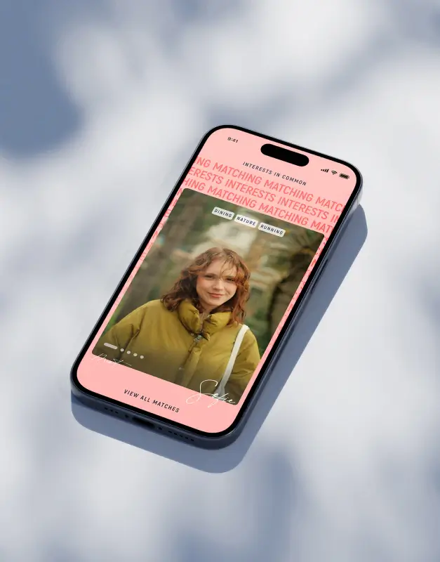 Recommendating dating app concept displayed on a smartphone, showcasing a playful mobile interface, profile matching experience, and expressive digital product design.