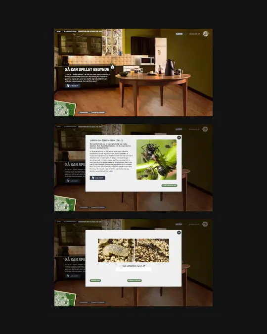 Antboy interactive website visuals featuring a film scene investigation, insect discovery pop-up, and immersive story exploration interface.
