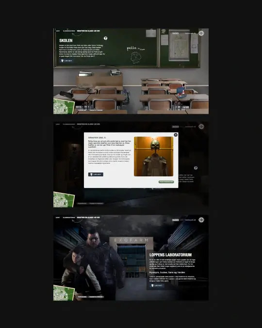 Antboy digital experience visuals showing classroom and laboratory scenes, character discovery pop-ups, and interactive story navigation screens.