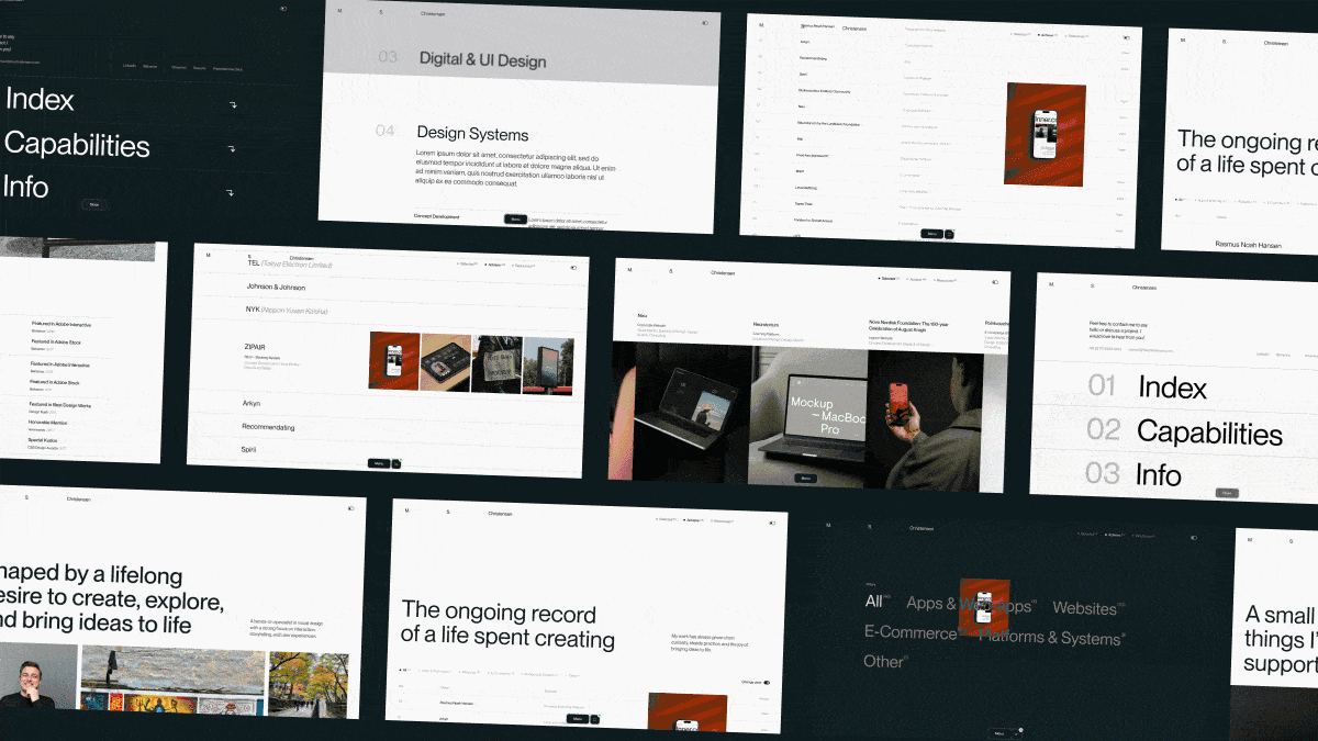 Animated overview of earlier portfolio design versions for Morten Stig Christensen, showing evolving layouts, navigation, archive views, and page concepts from the website’s development journey.