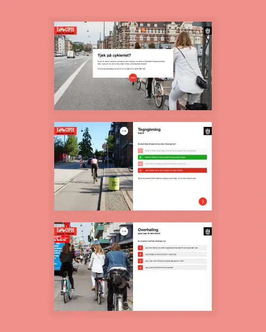 Copenhagen Municipality cycling campaign screens showing the quiz introduction and scenario-based questions about turning and overtaking safely in urban traffic.