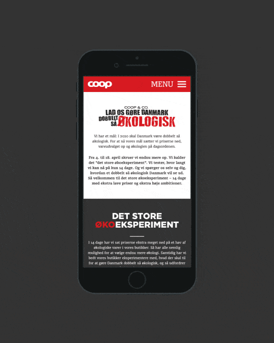 Animated mobile campaign page for Coop’s organic initiative, showing introductory content about making Denmark more organic and promoting a nationwide retail experiment.
