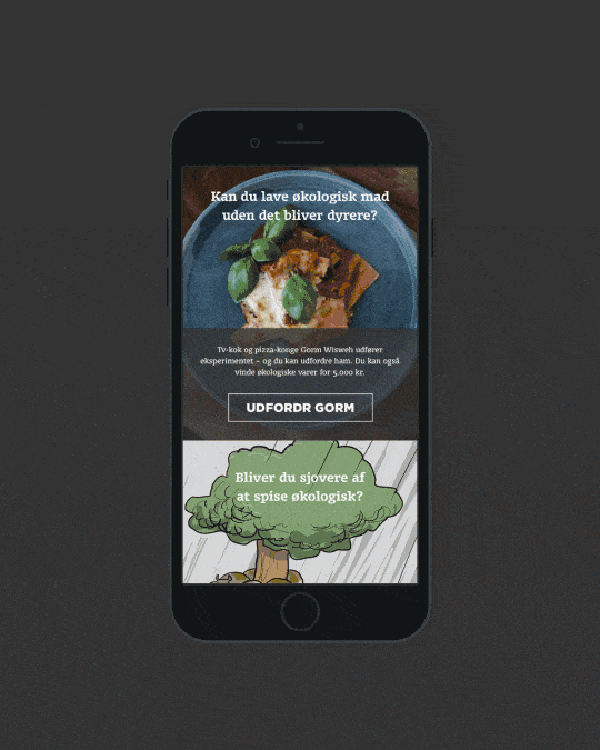 Animated mobile campaign visuals for Coop’s organic initiative, featuring interactive content, food-related storytelling, and campaign challenges designed to engage users.