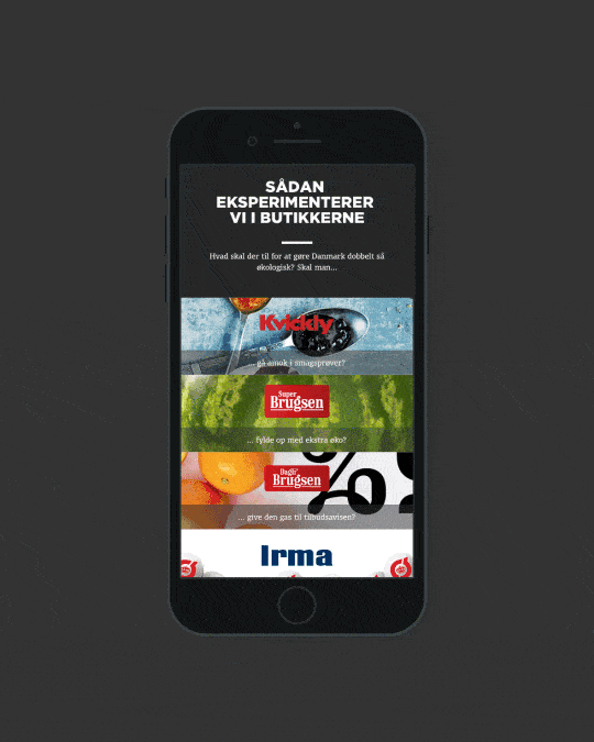Animated mobile interface for Coop’s organic campaign, showing branded store experiments across Kvickly, SuperBrugsen, Dagli’Brugsen, and Irma.