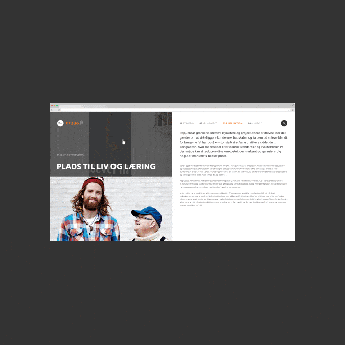 Animated Republica website visual showing a content page layout with bold typography, editorial imagery, and a structured presentation of the agency’s services and approach.