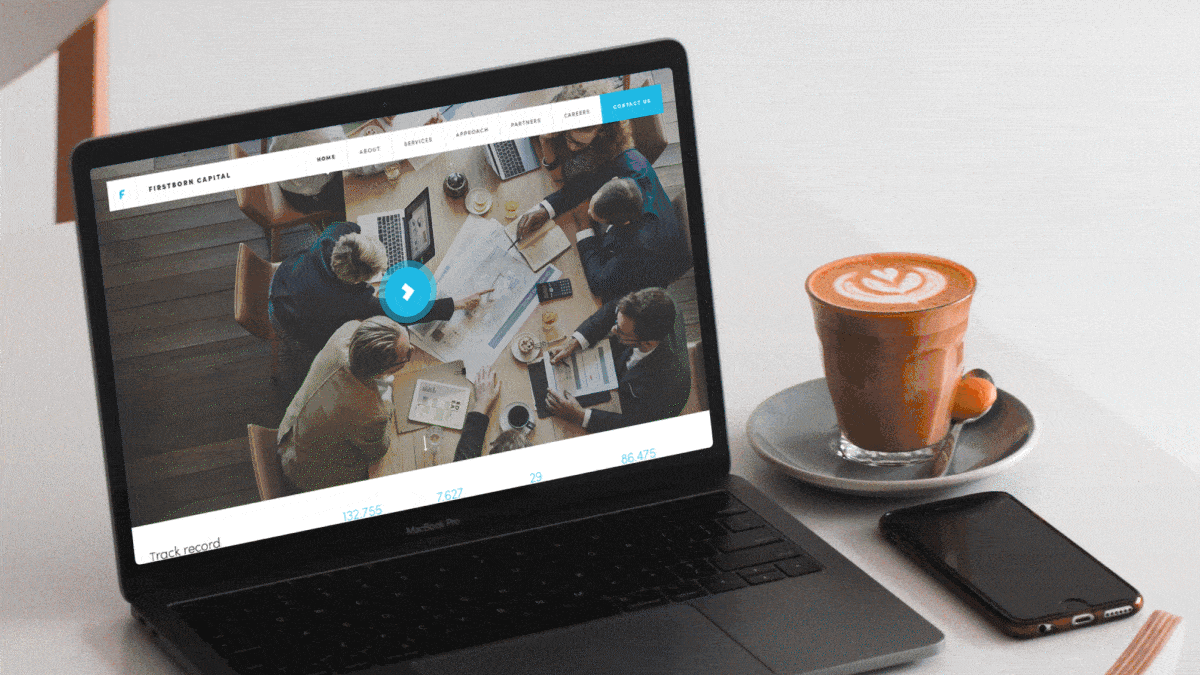 Animated website mockup for Firstborn Capital, showing the homepage design on a laptop screen with a large hero image, clean navigation, and a professional financial brand presence.