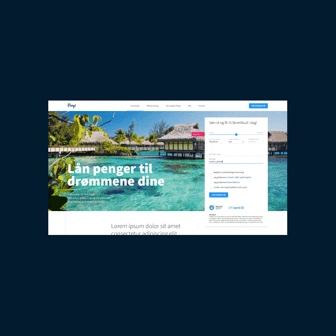 Animated website visual for Pengi, showing a loan landing page with a large travel-themed hero image, loan calculator, and a clean financial service interface.