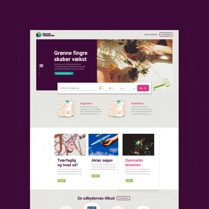 Animated website visual for Kulturtjenesten, showing the homepage with featured educational activities, search tools, and curated cultural offers for schools and institutions.