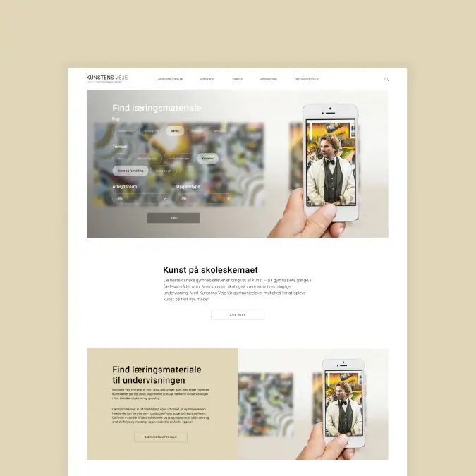 Homepage design for Kunstens Veje, showing a learning materials search experience, arts in education content, and a mobile visual tied to the platform’s cultural offering.