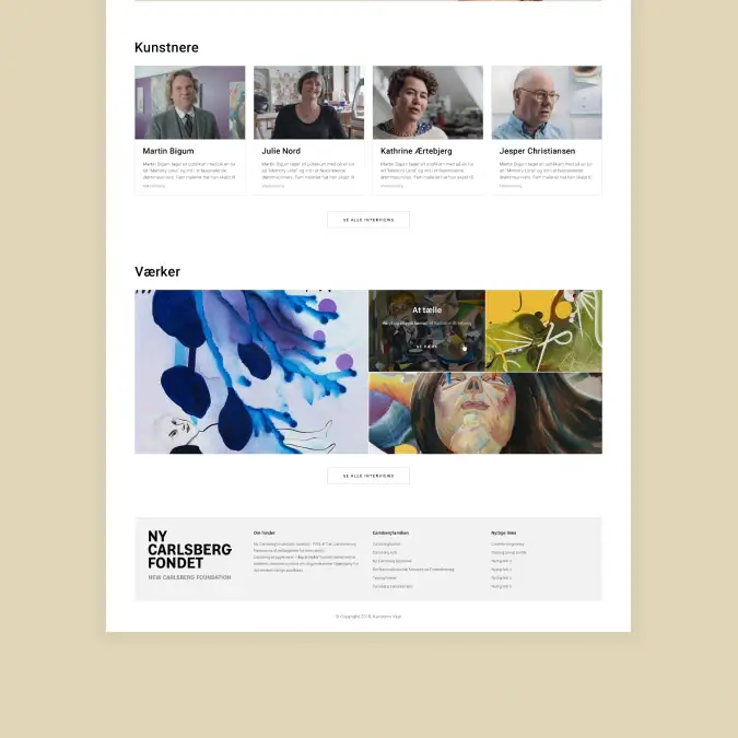 Kunstens Veje platform page showing featured artists, selected artworks, and structured content supporting art and learning in education.