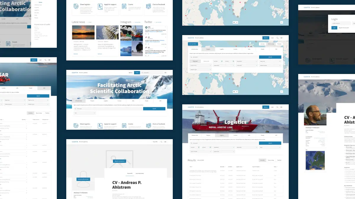 Collage of Isaaffik platform screens showing Arctic research collaboration tools, logistics planning, map-based exploration, search interfaces, login views, and researcher profile pages.