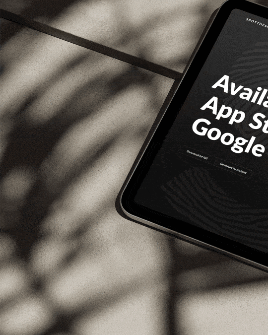 Animated tablet mockup for SpotTheSpy, showing a dark landing page promoting the privacy-focused app’s availability on the App Store and Google Play.
