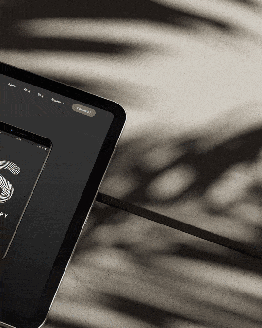 Animated tablet mockup of the SpotTheSpy website, showing a minimal dark interface for a privacy app with navigation, download options, and product presentation.