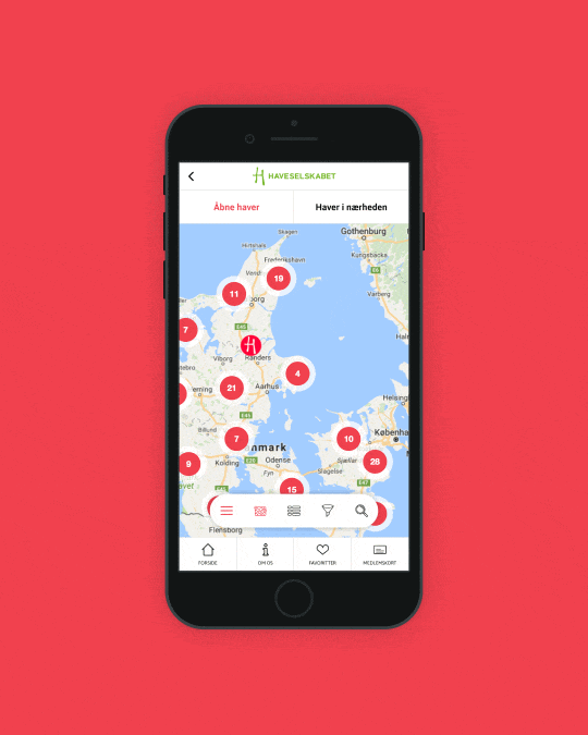 Animated Haveselskabet app screen showing a map-based overview of nearby gardens and locations across Denmark within the membership experience.