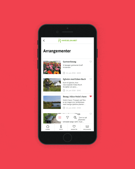 Animated Haveselskabet app screen showing upcoming garden-related events in a mobile interface with listings, dates, and navigation tools.